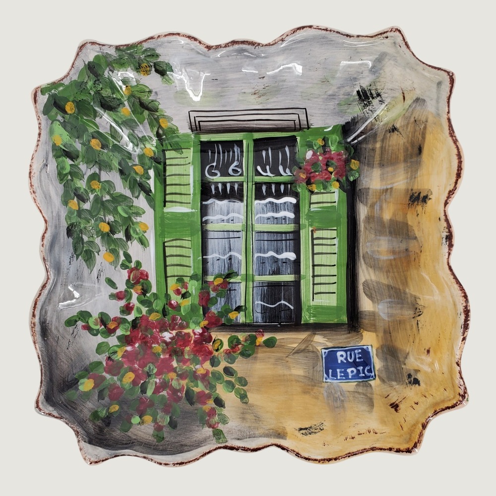 Tabletops Unlimited Rue De Paris Rue Lepic Hand Painted Square Plate 9in Green